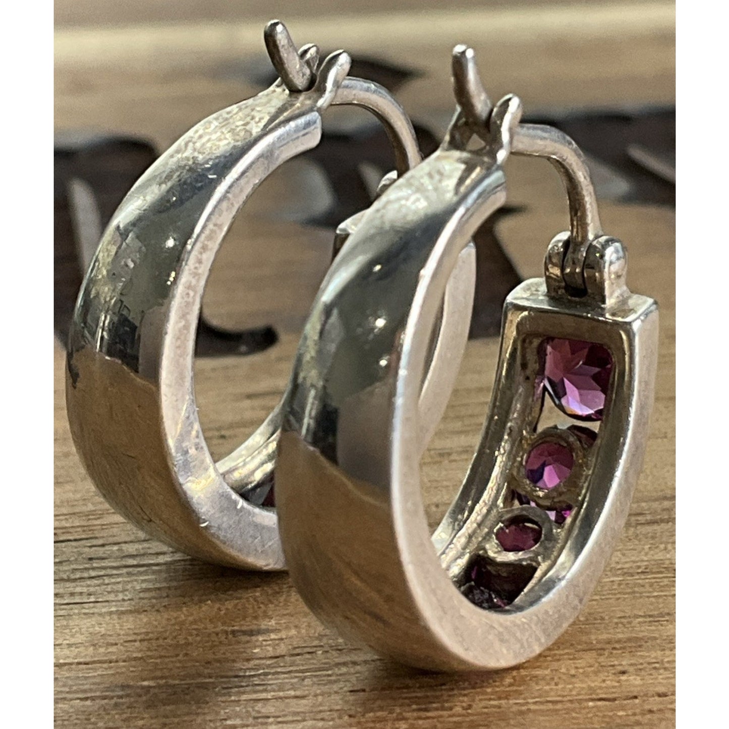 Vintage Sterling Silver Amethyst Purple gemstone Hoop Huggie Earrings