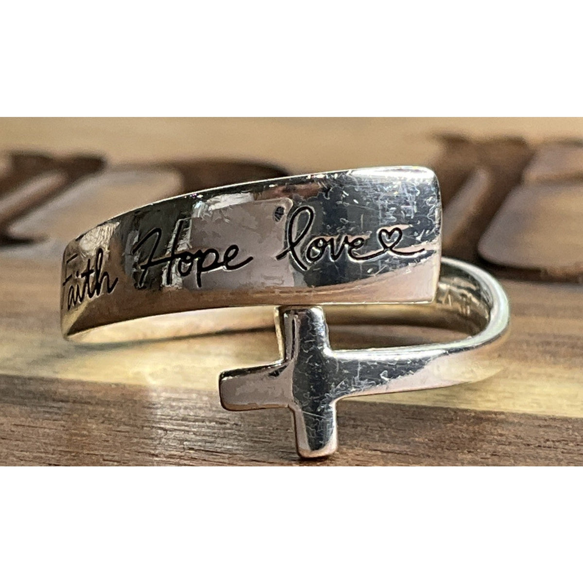 Footnotes Faith Hope Love Sterling Silver Cross Bypass Religious Band Size 9