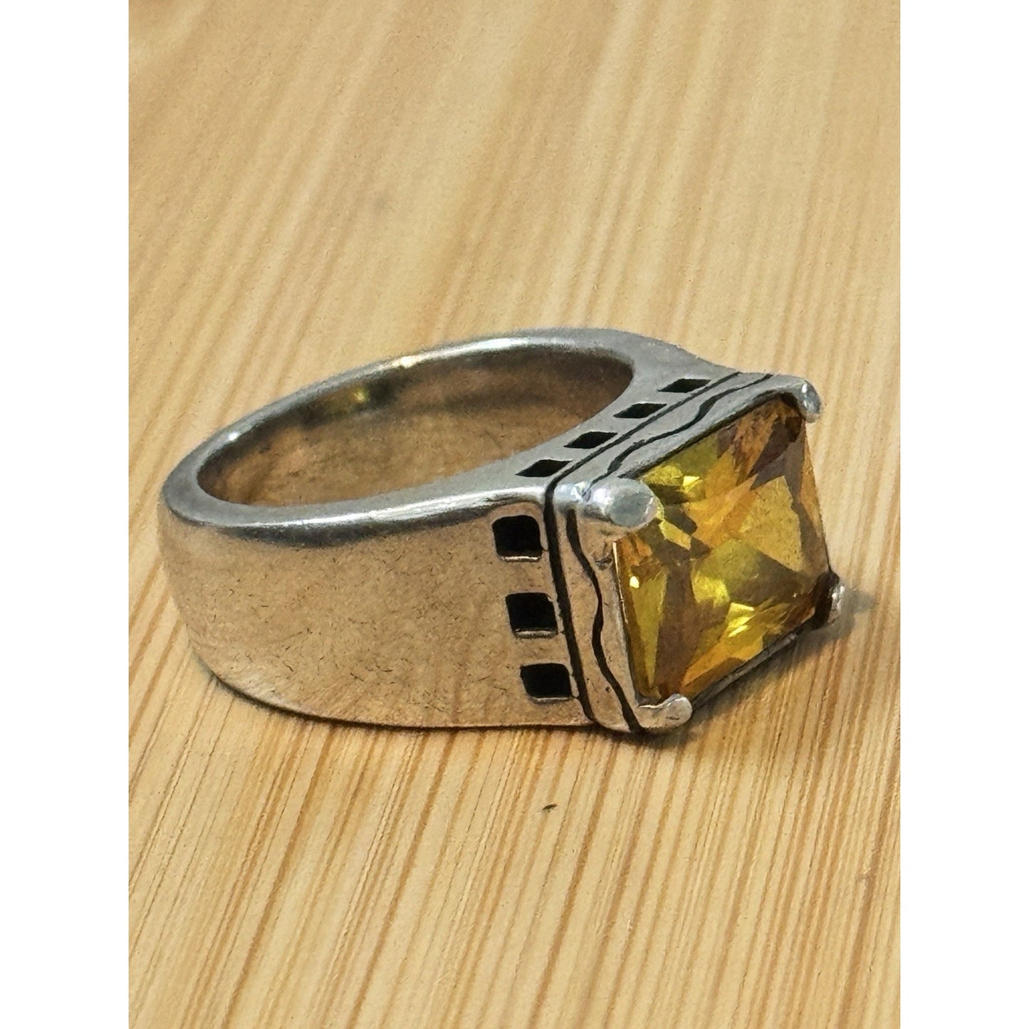 Vintage EX EX Sterling Silver 4-5 Carat Citrine Emerald Cut 925 Ring Size 8, 15g