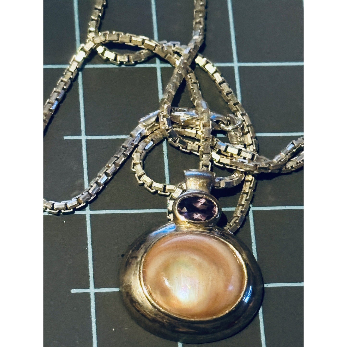 Vintage 925 Amethyst Mother Pearl With Necklace 7g FAS Italy Mirror Box Chain 16