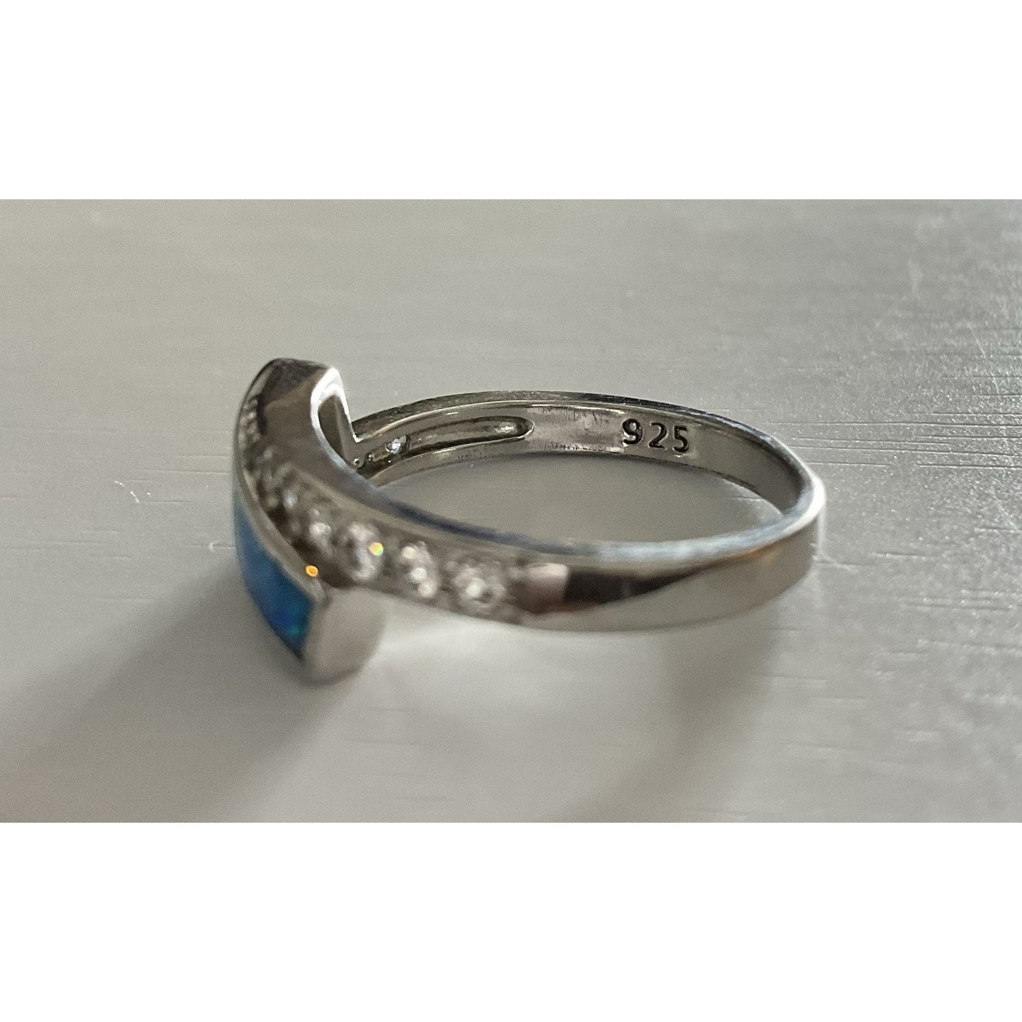 Sterling Silver Blue Opal Inlay Ring Size 6 CZ Accent Wrap Ring