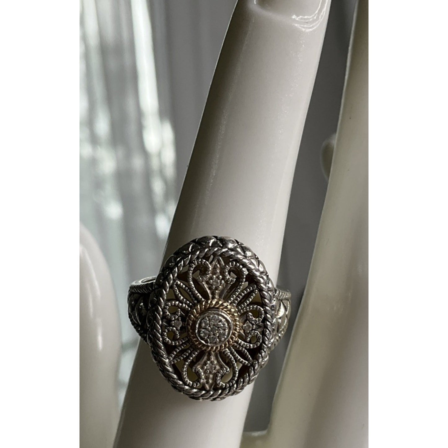 ATR 925 14K Gold Diamond Sterling Silver Ring Thailand Ornate Size 7.25