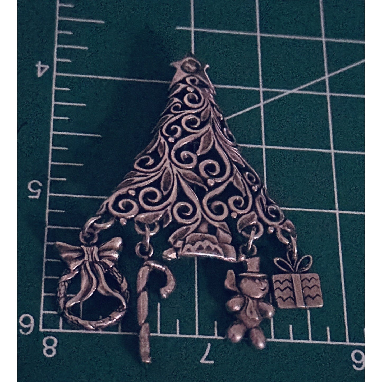 Vintage Jezlaine Sterling Silver Scroll Christmas Tree Dangle Charms Brooch Pin