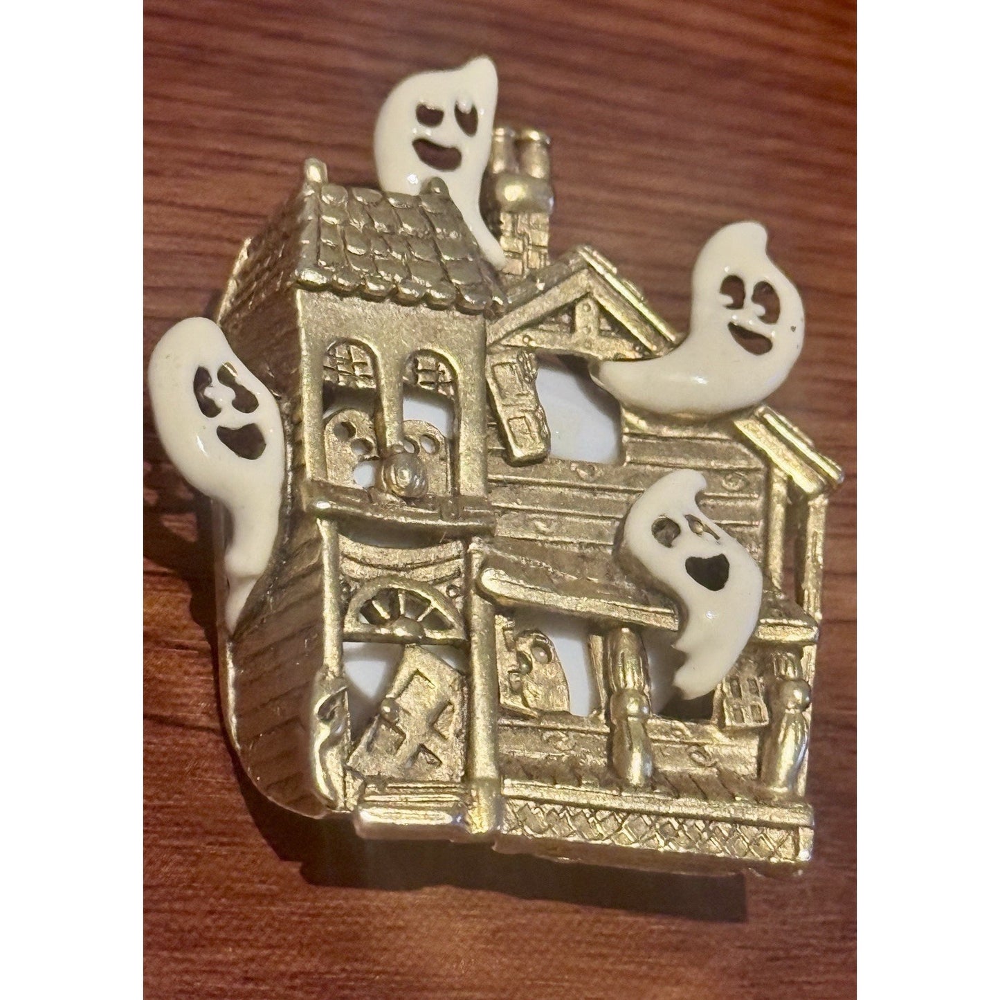 AJC Haunted House Ghost Brooch Vintage Halloween Pin Gold Tone 3D WORKS!!