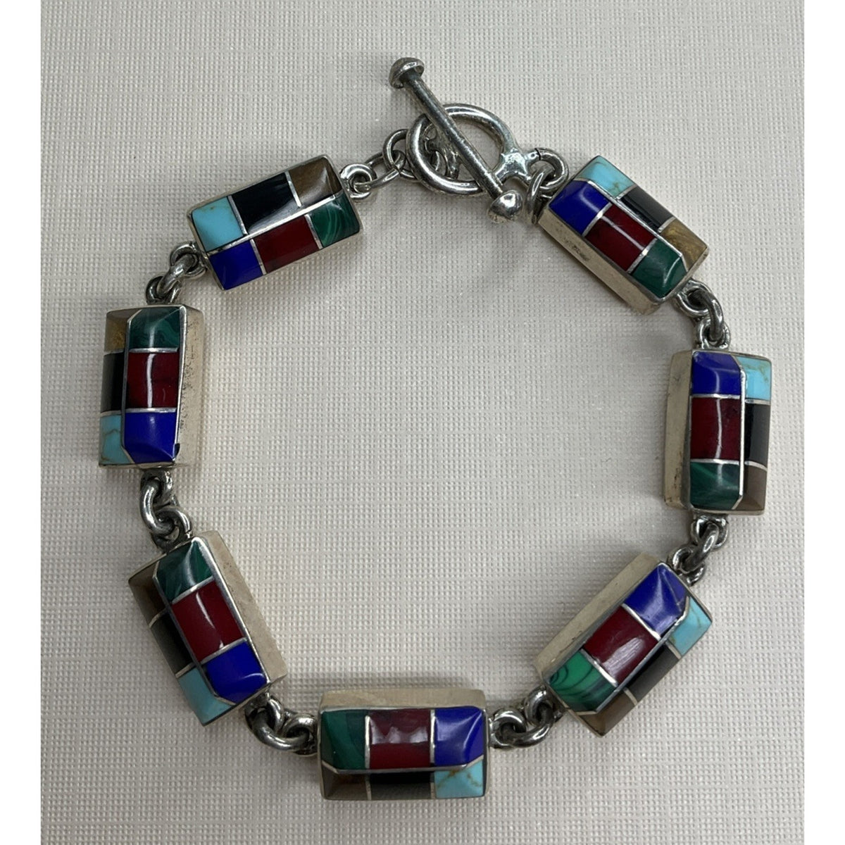 Vintage Mexico 925 Sterling Silver Multi Stone Inlay Link Bracelet 31g 7.5