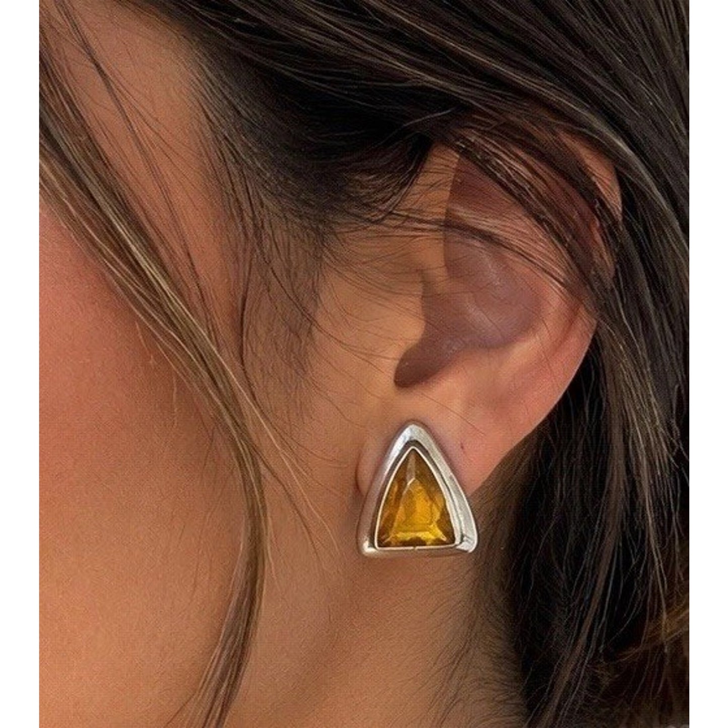 Vintage Sterling Silver Baltic Amber Honey Triangle French Clip Earrings 11g
