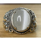 Vintage White Cat’s Eye Cabochon Statement Sterling Silver Ring Scrollwork Sz 6