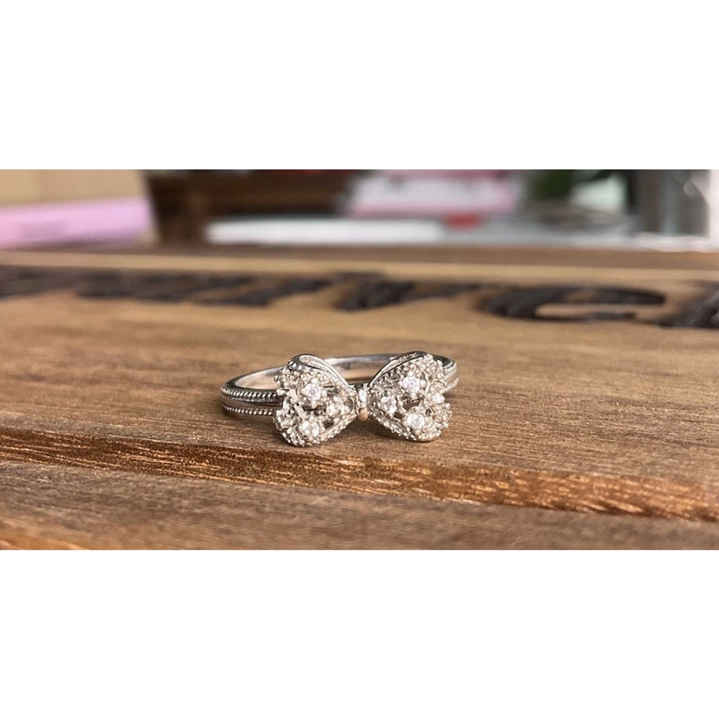 Sterling Silver Bow Ring S925 CZ Bow Tie Ring Dainty Sparkle Ring Size 7