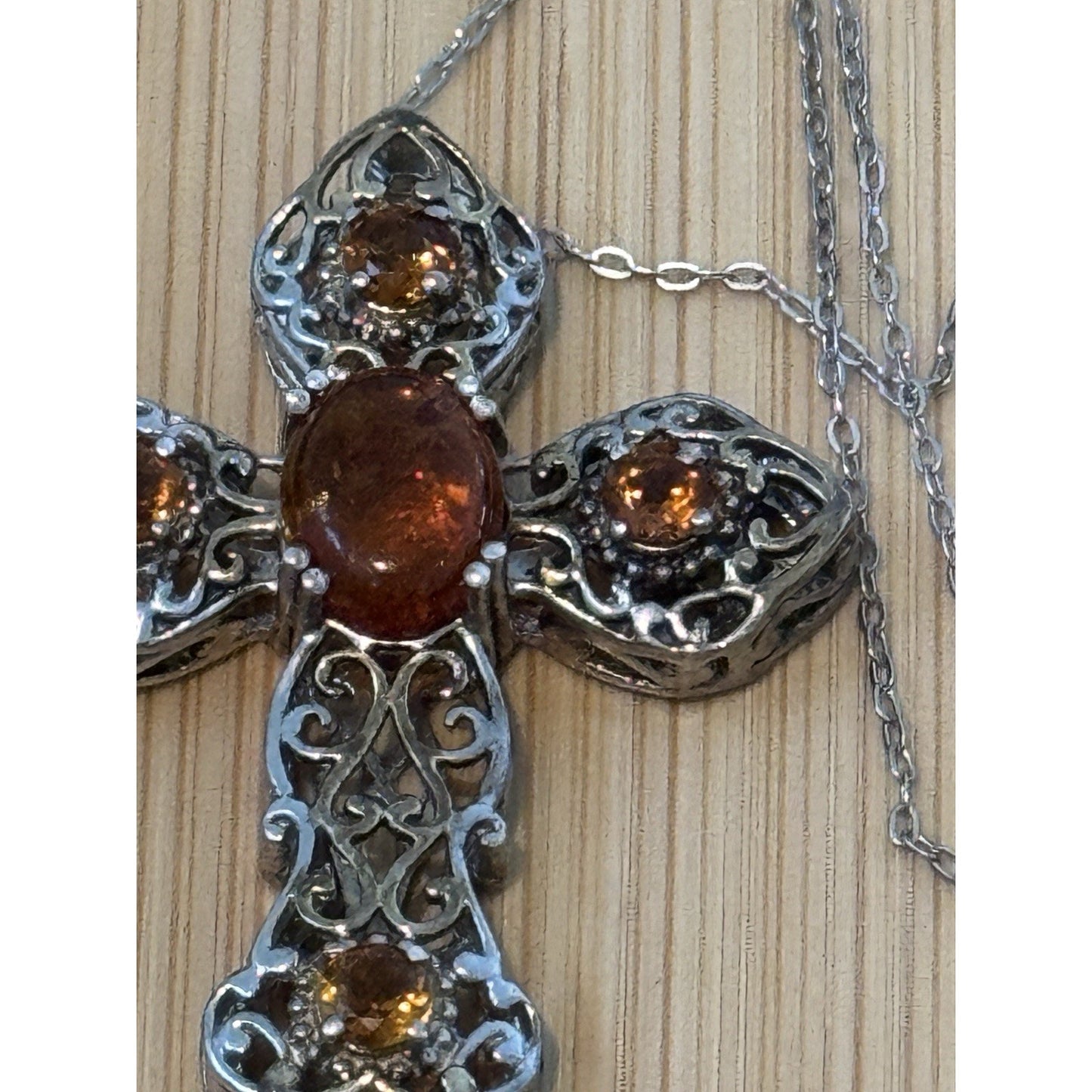 Vintage Amber & Citrine Sterling Silver Two Tone Cross And 925 Necklace 20”