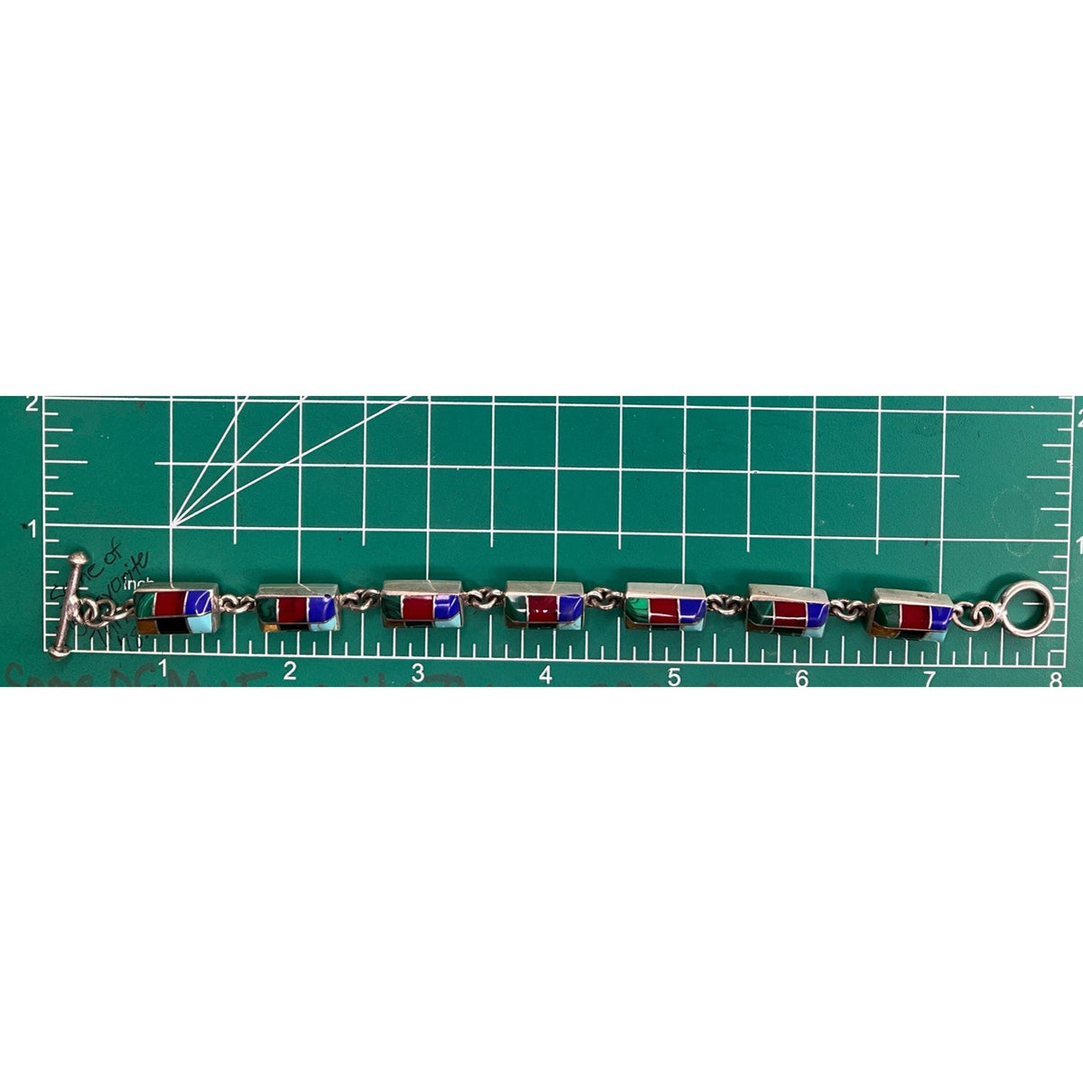 Vintage Mexico 925 Sterling Silver Multi Stone Inlay Link Bracelet 31g 7.5