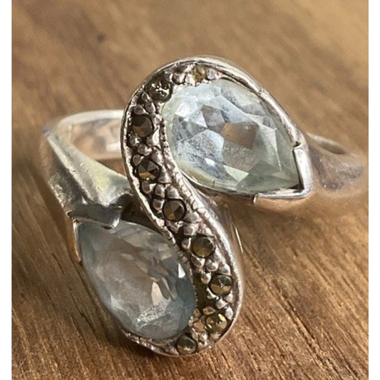 NF 925 Sterling Silver Blue Topaz Marcasite Bypass Ring Size 7.5 Vintage Style