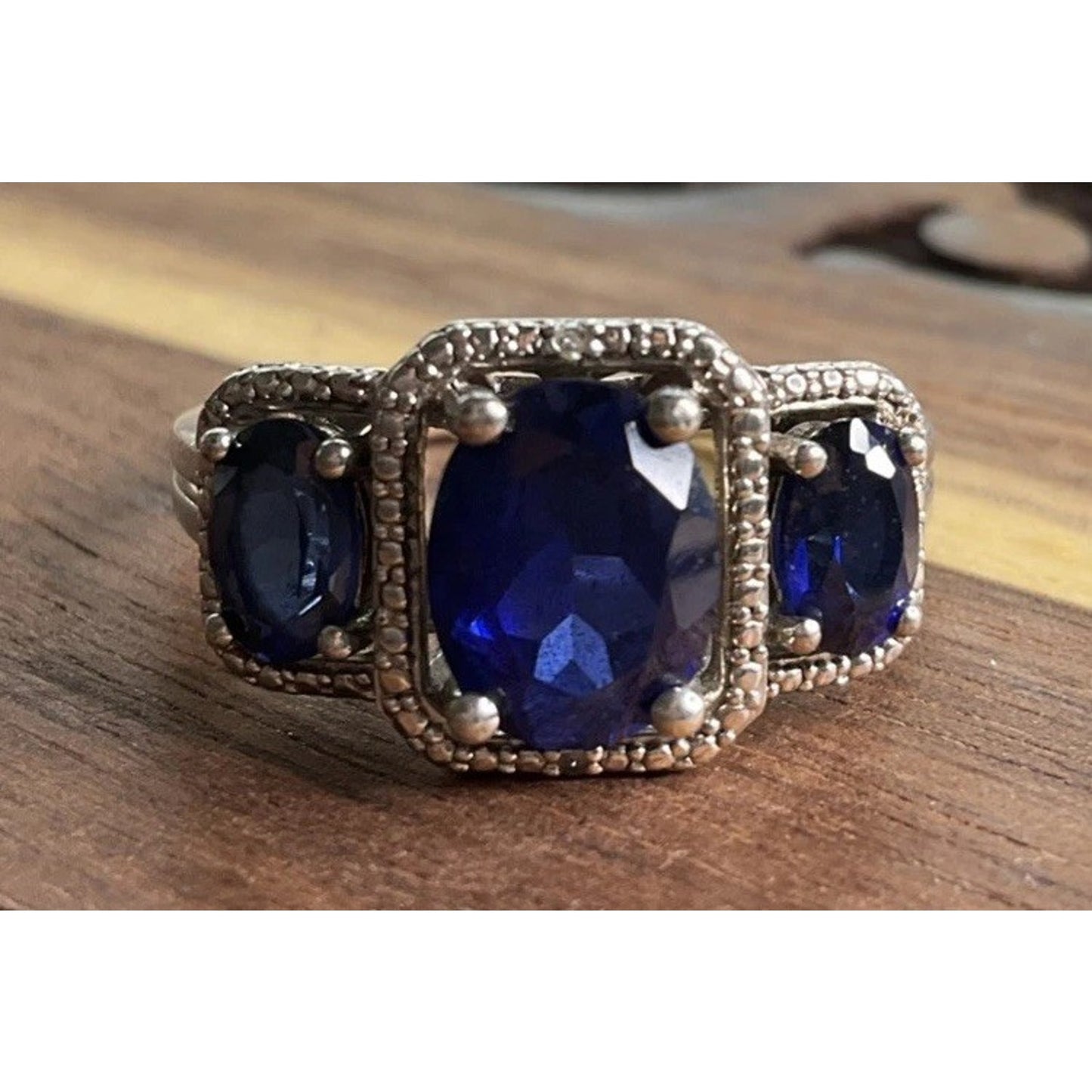SAI Sterling Silver Blue Sapphire Blue 3 Stone Ring 925 Milgrain Setting Size 8