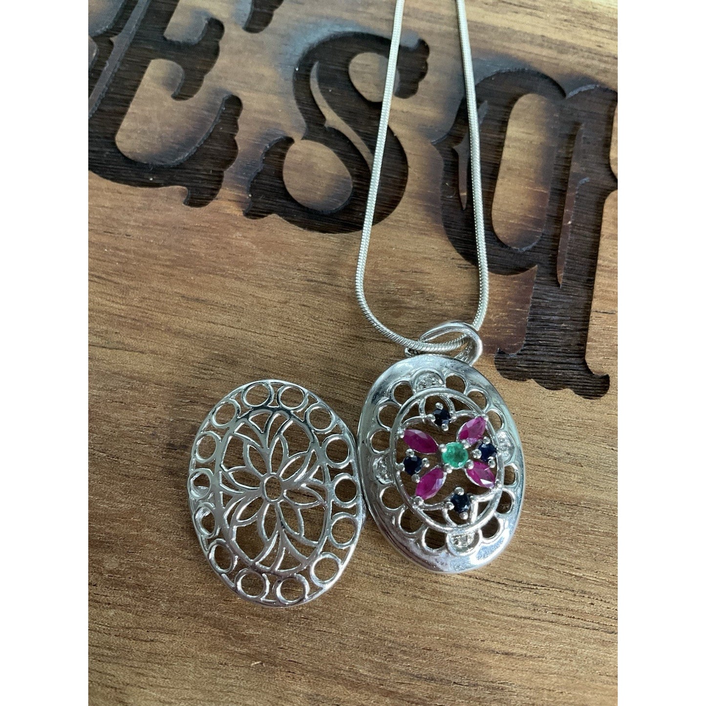 Vintage Sterling Silver Locket Necklace 925 Italy GRP Multi Stone