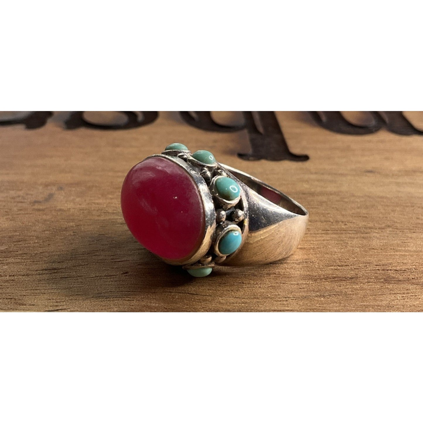 Sterling Silver 925 Pink Stone Turquoise Ring Statement Wide Band Size 5.5