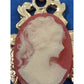 Vintage Cameo Pendant Turtle Frame Gold Tone Red White Lady 1.25"