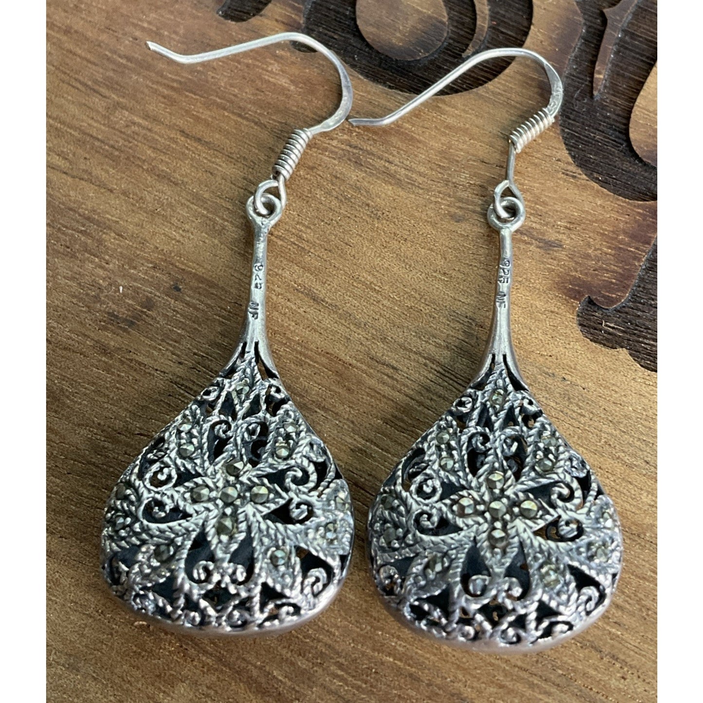NF Sterling Marcasite Tear Drop Pendant Dangle Earrings Filigree Art Deco 17g!