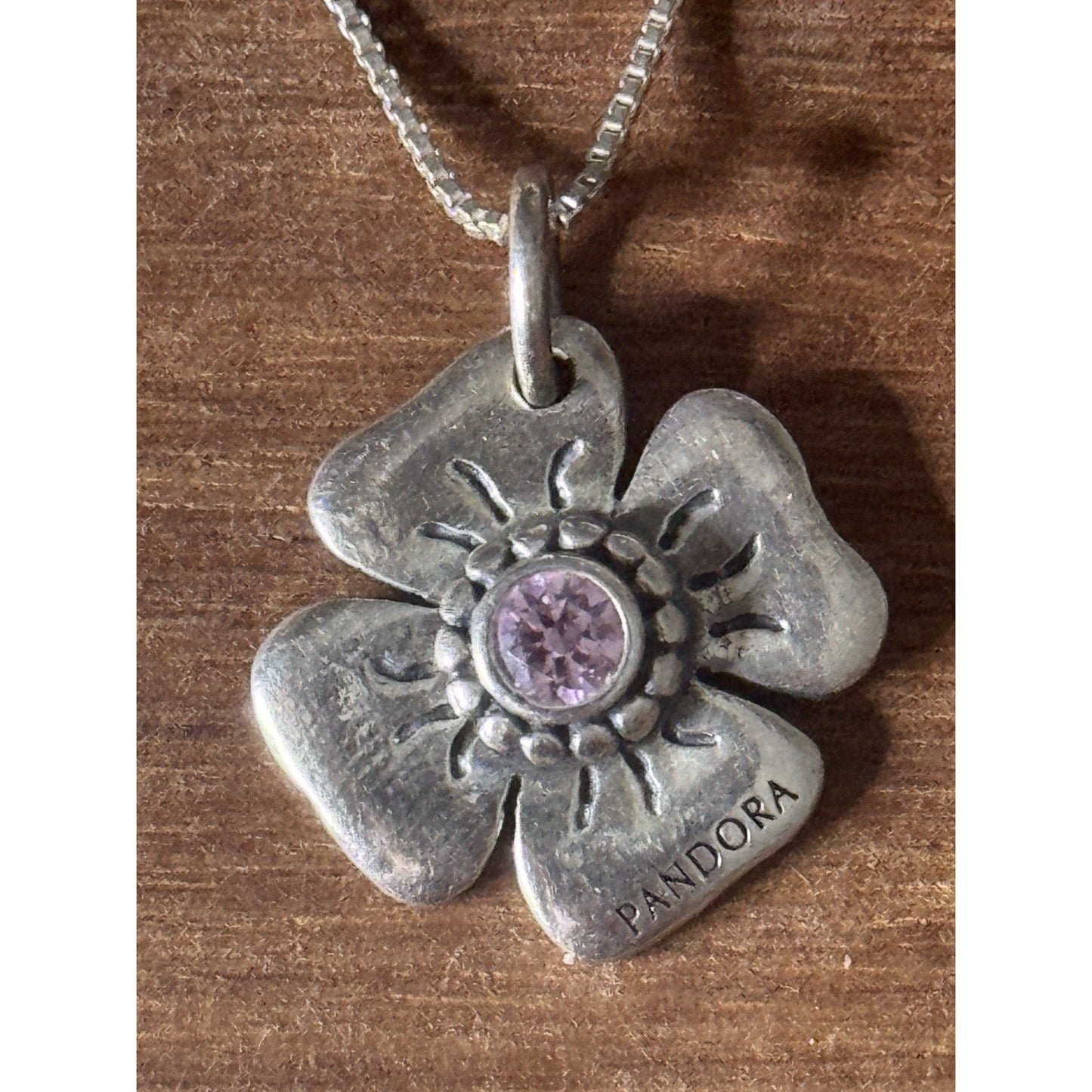 Pandora Sterling Silver Flower With Pink CZ Stone And 925 Necklace 18”, 5.4g