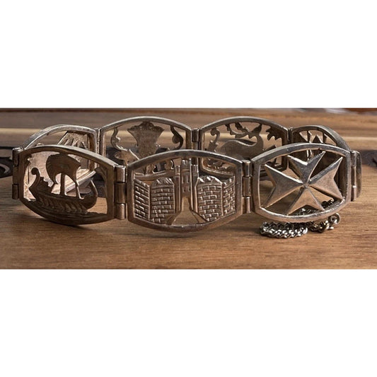 Vintage Sterling Silver Panel Bracelet Scenic Deer Floral Links