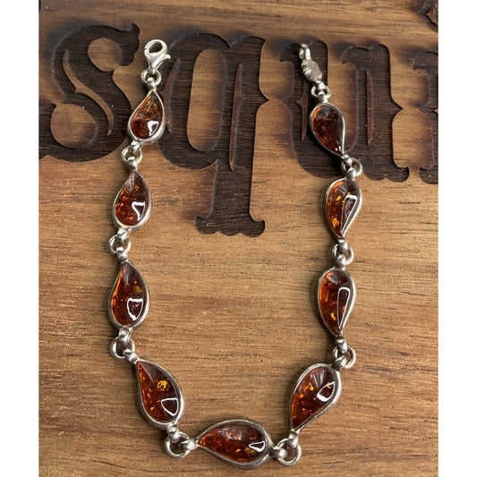 Vintage Sterling Silver 925 Amber Teardrop Link Bracelet 7.5”