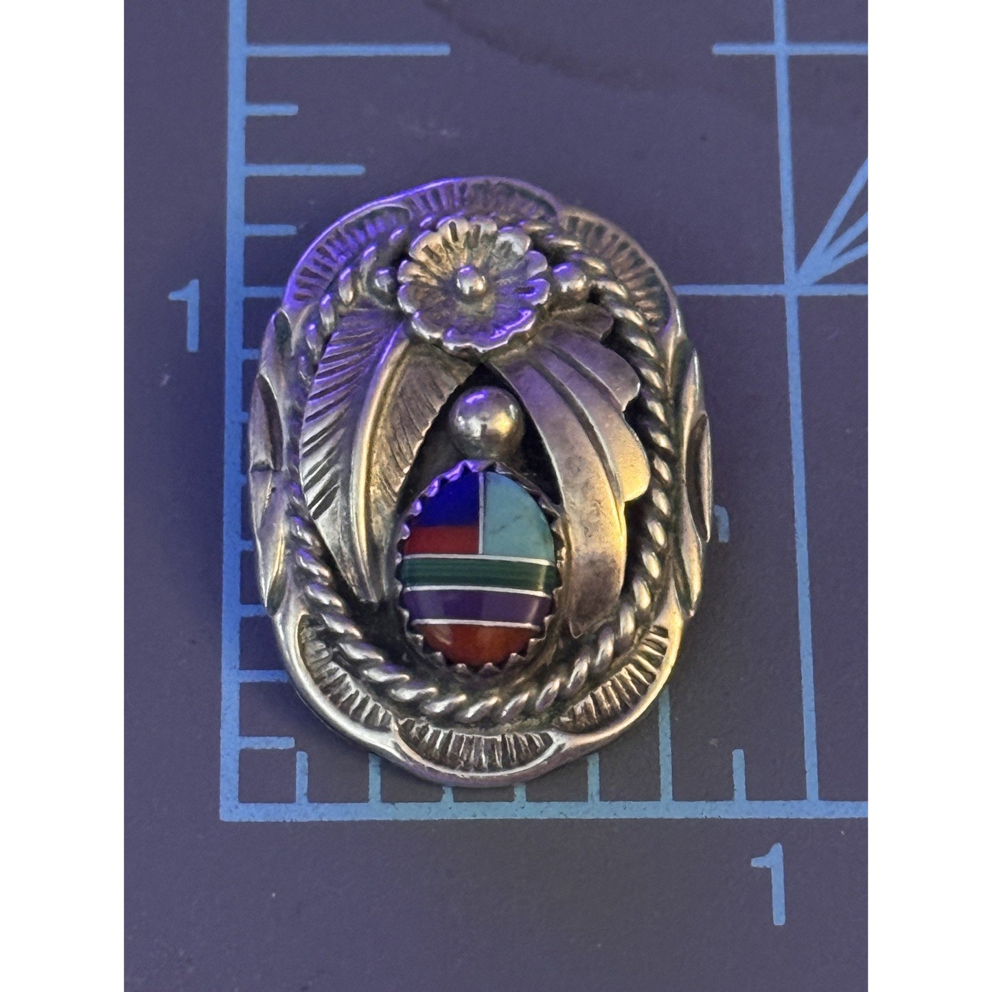 Vintage Sterling Silver Zuni Style Multi Stone Inlay Concho Pendant Charm