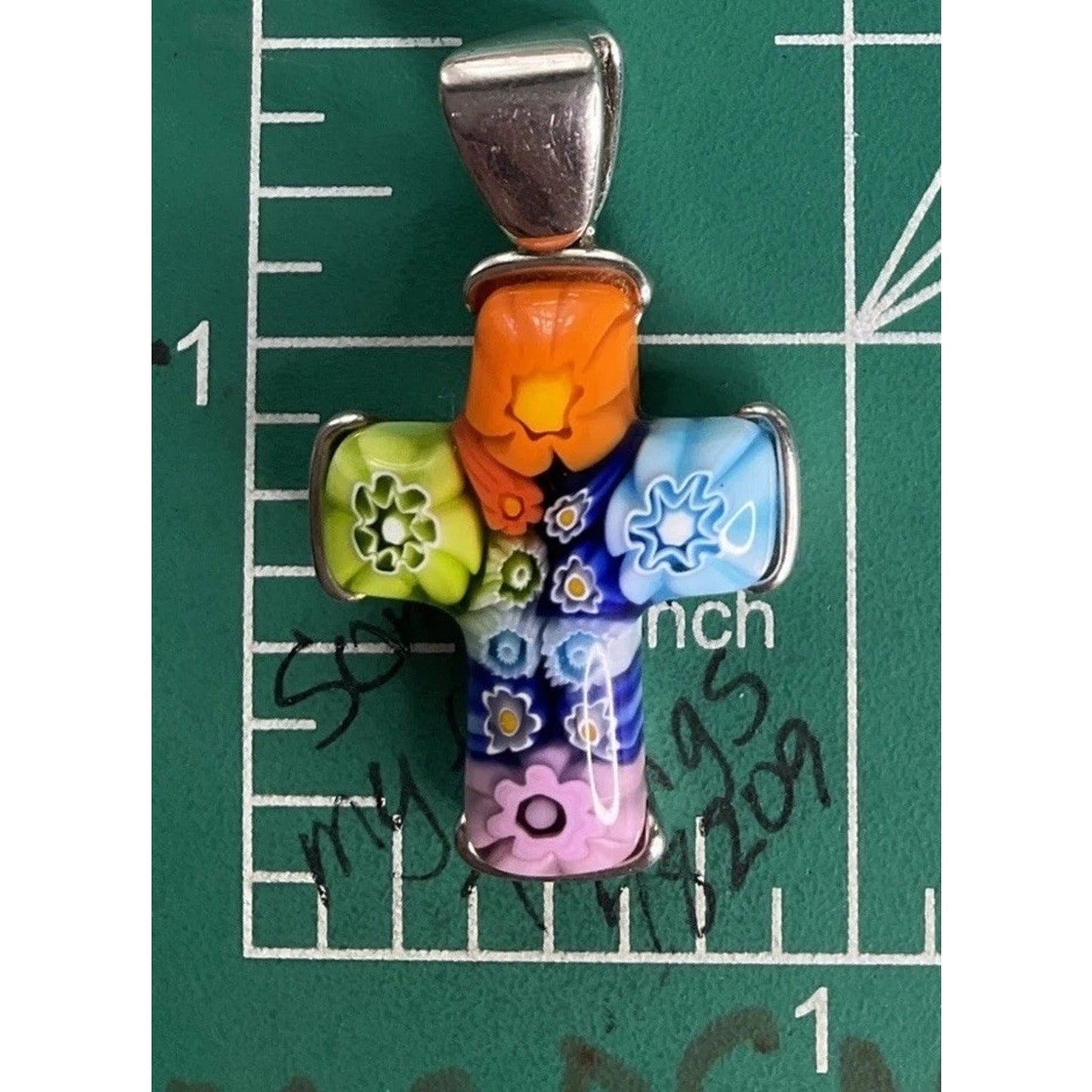 Sterling Silver Allan K Millefiori Murano Floral Glass Cross Pendant