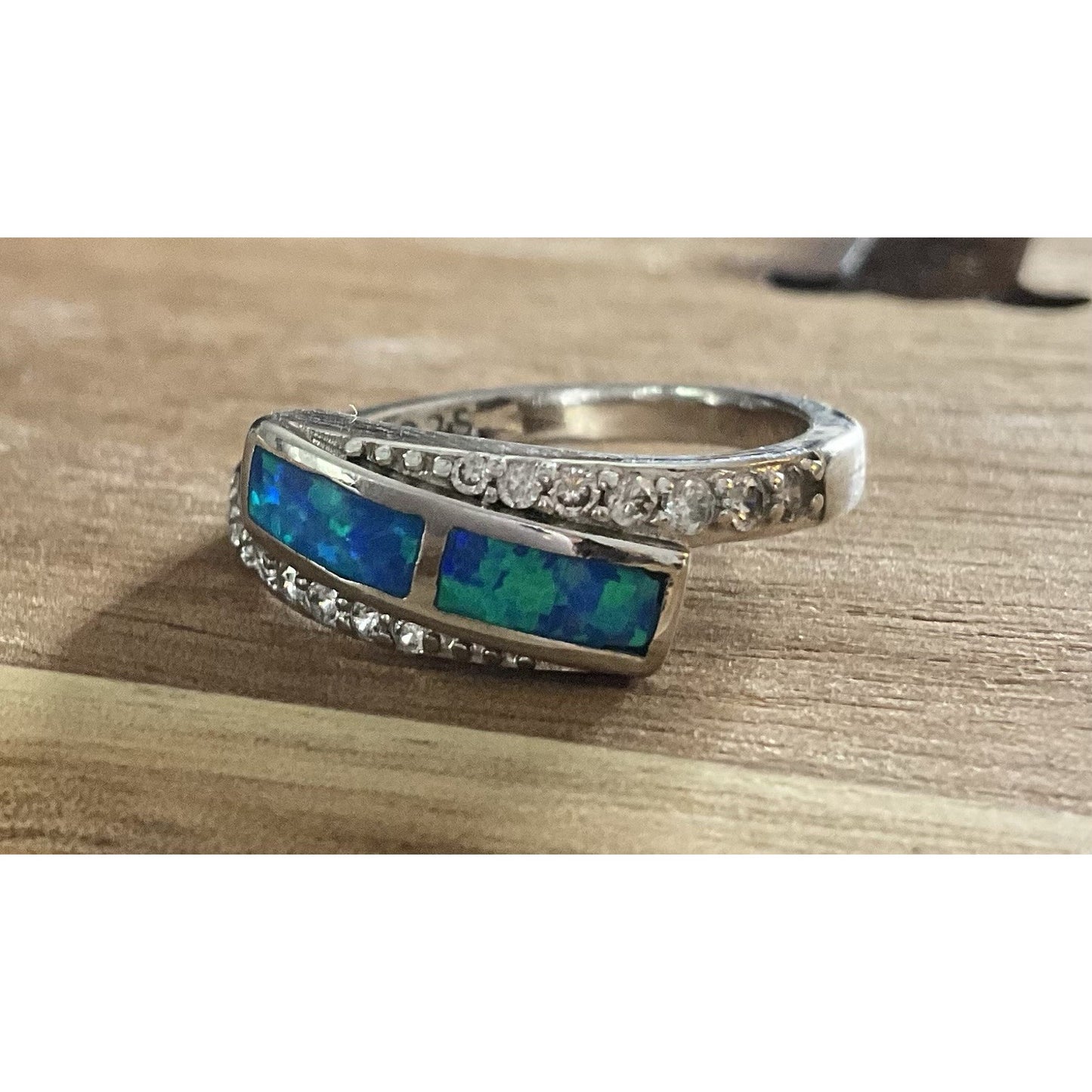 Sterling Silver Blue Opal Inlay Ring Size 6 CZ Accent Wrap Ring