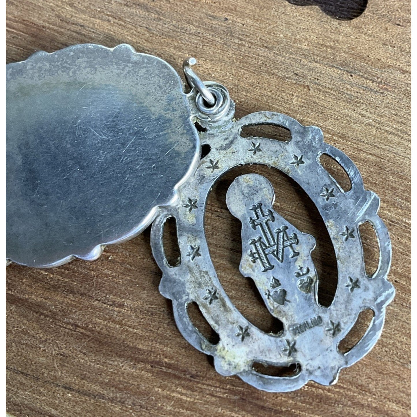 Vintage Sterling Silver Miraculous Mary Pendant Ornate Frame Catholic Charm