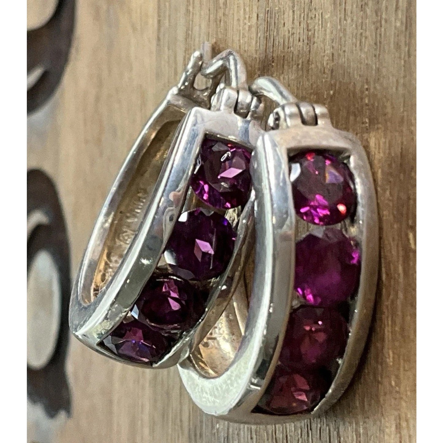 Vintage Sterling Silver Amethyst Purple gemstone Hoop Huggie Earrings