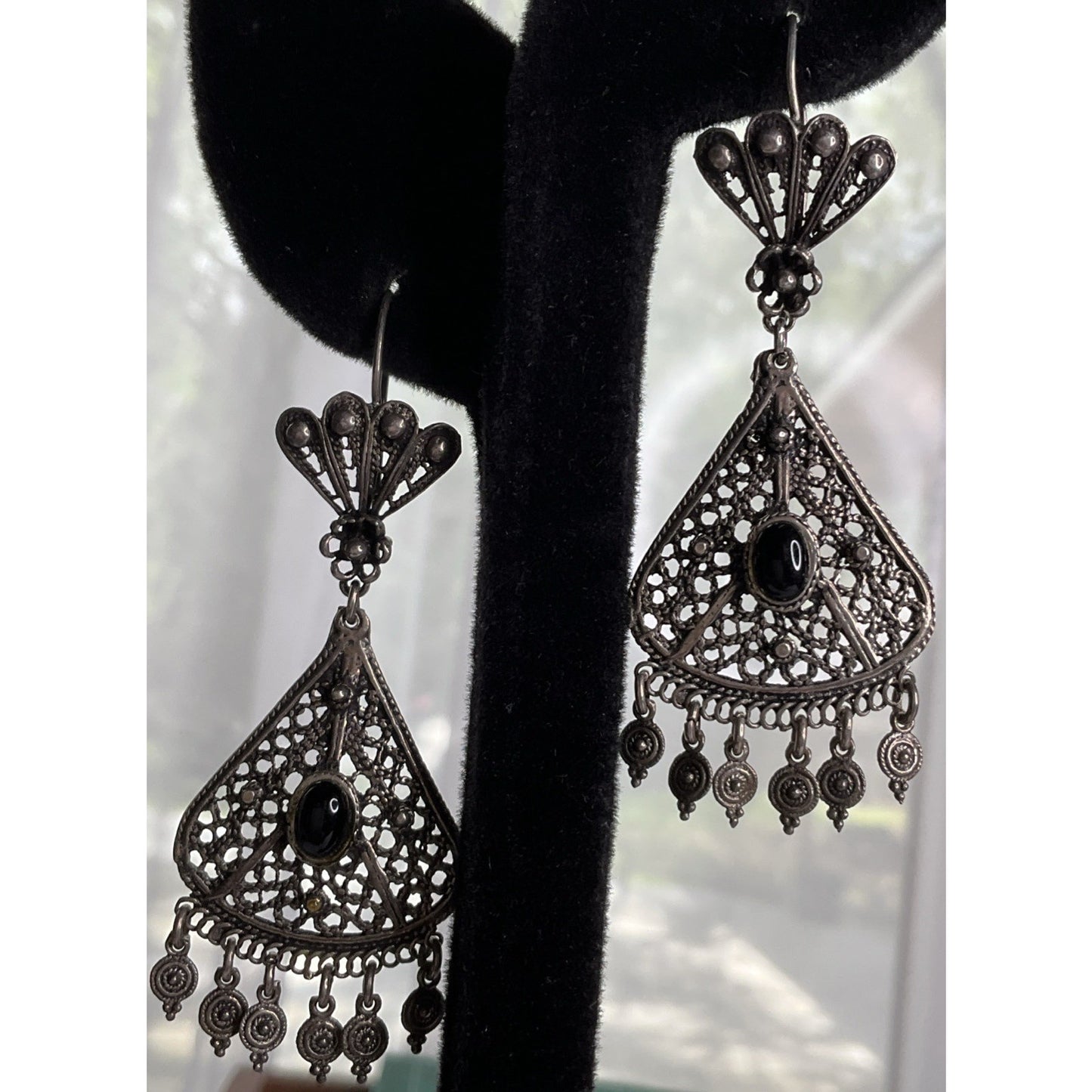 Vintage Sterling Silver Filigree Black Onyx Chandelier Earrings