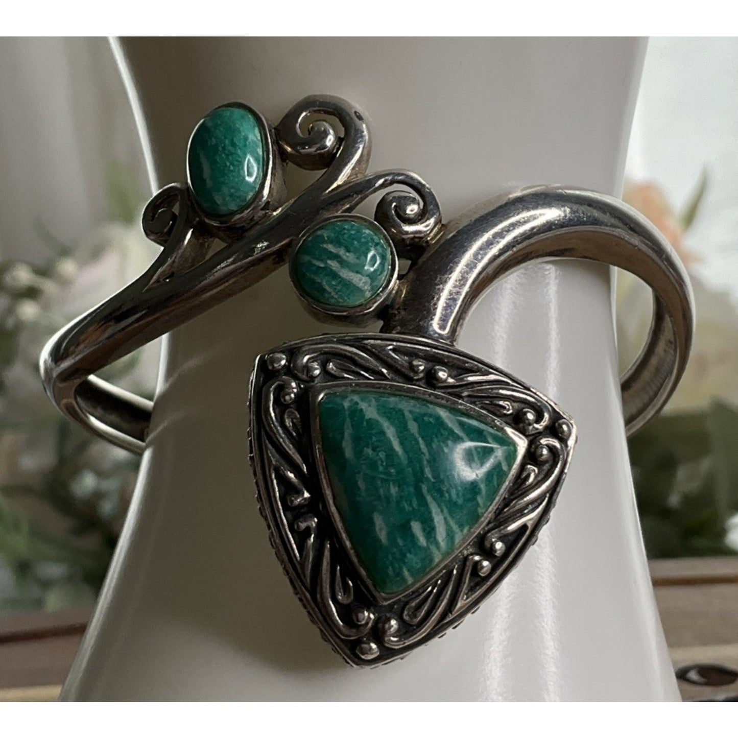 Vintage Sterling Southwestern Silver Signed NK Amazonite Cuff Bracelet 37 Grams!