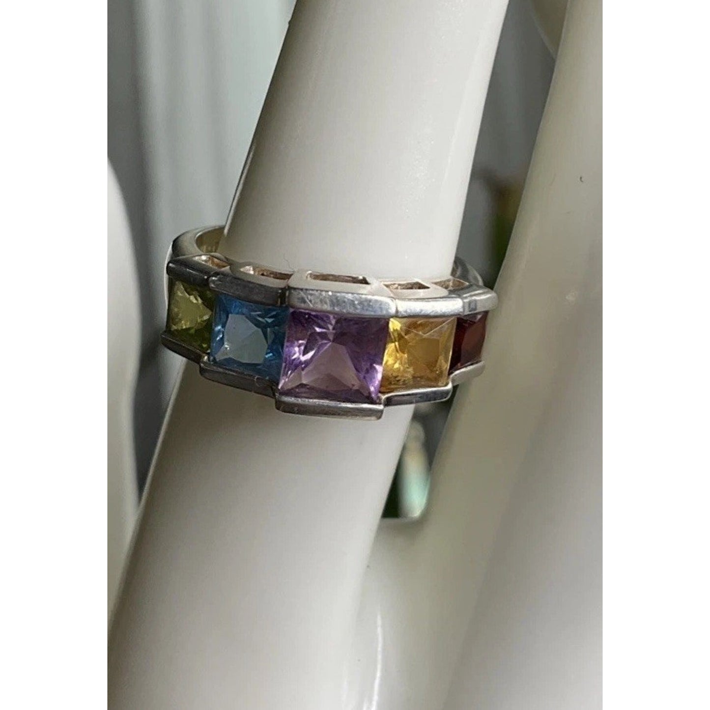 Vintage Sterling Silver Multi Gemstone Ring Rainbow Band Gemstones Ring Sz 7.5