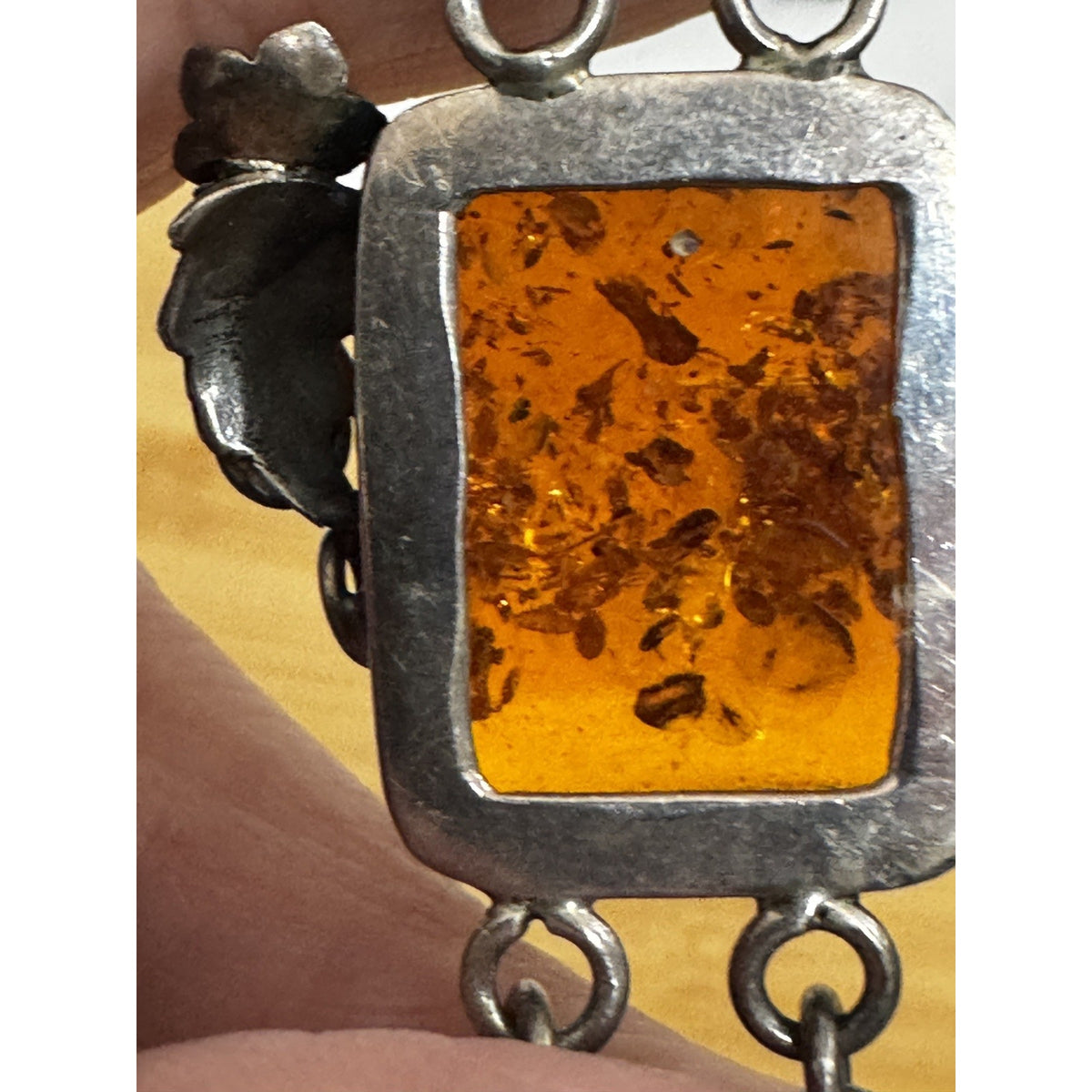 Vintage Baltic Amber Panel Bracelet Sterling Silver Art Nouveau 7 3/4” 51 Grams