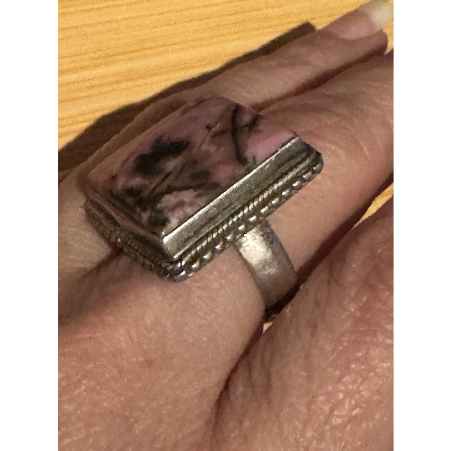 Estate Vintage Sterling Silver Rhodonite Artisan Geometric Statement Ring Size 9