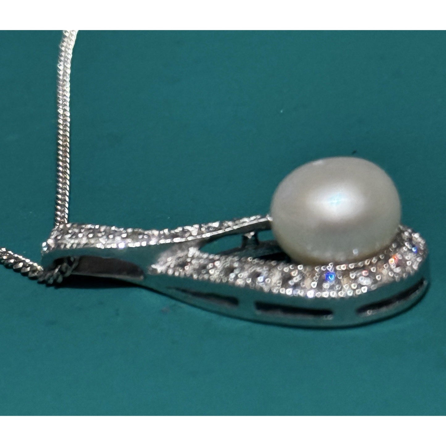 Genuine 10mm Pearl CZ Teardrop Necklace RJ 925 Sterling Silver 17”