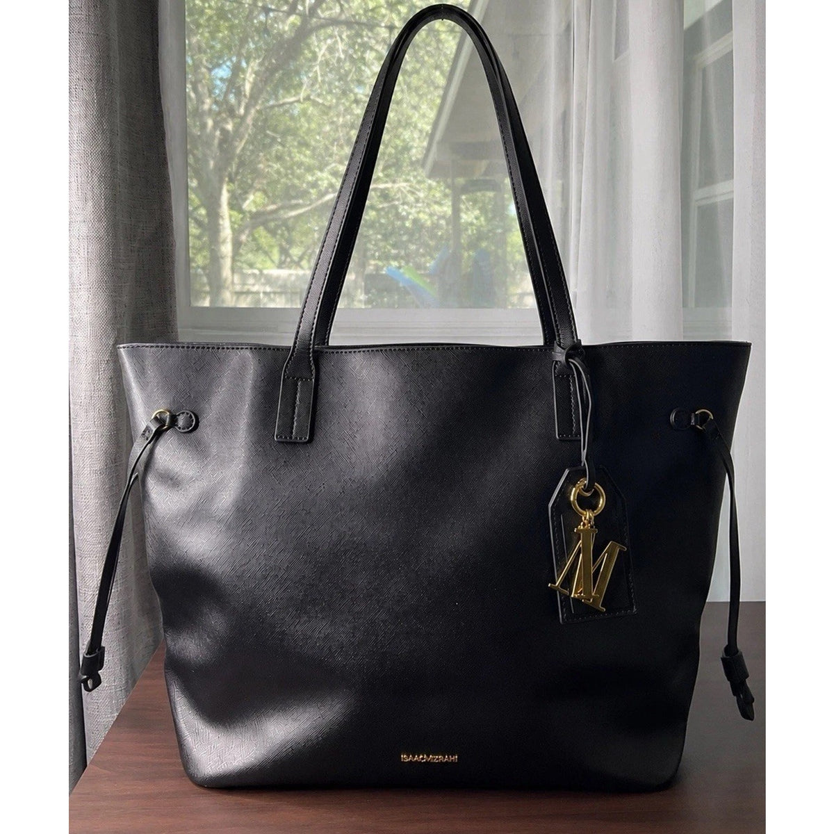 Isaac Mizrahi Saffiano Black Leather Monogram Large Tote Bag Purse With IM Tag