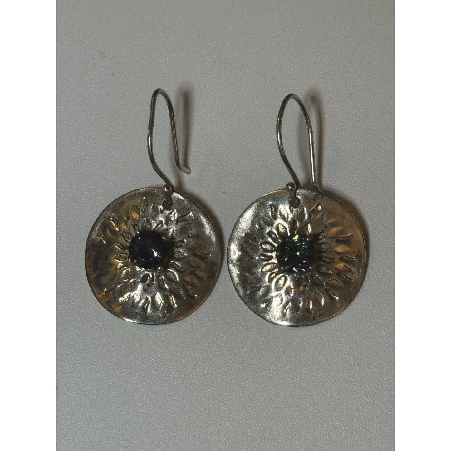 Vintage Sterling Silver Hammered Disc Earrings with Mystic Topaz