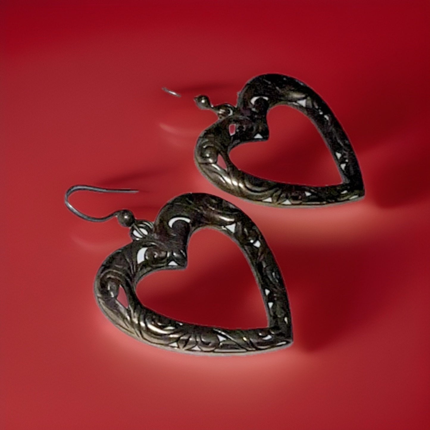 Vintage Sterling Silver Heart Dangle Earrings – Ornate Scroll Design ~1.5” , 11g