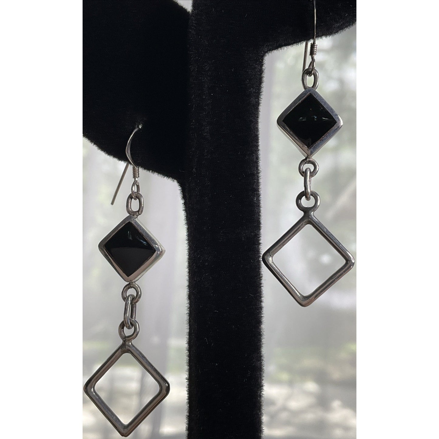 Vintage VC Sterling Silver Black Onyx Square Open Geometric Dangle Drop Earrings