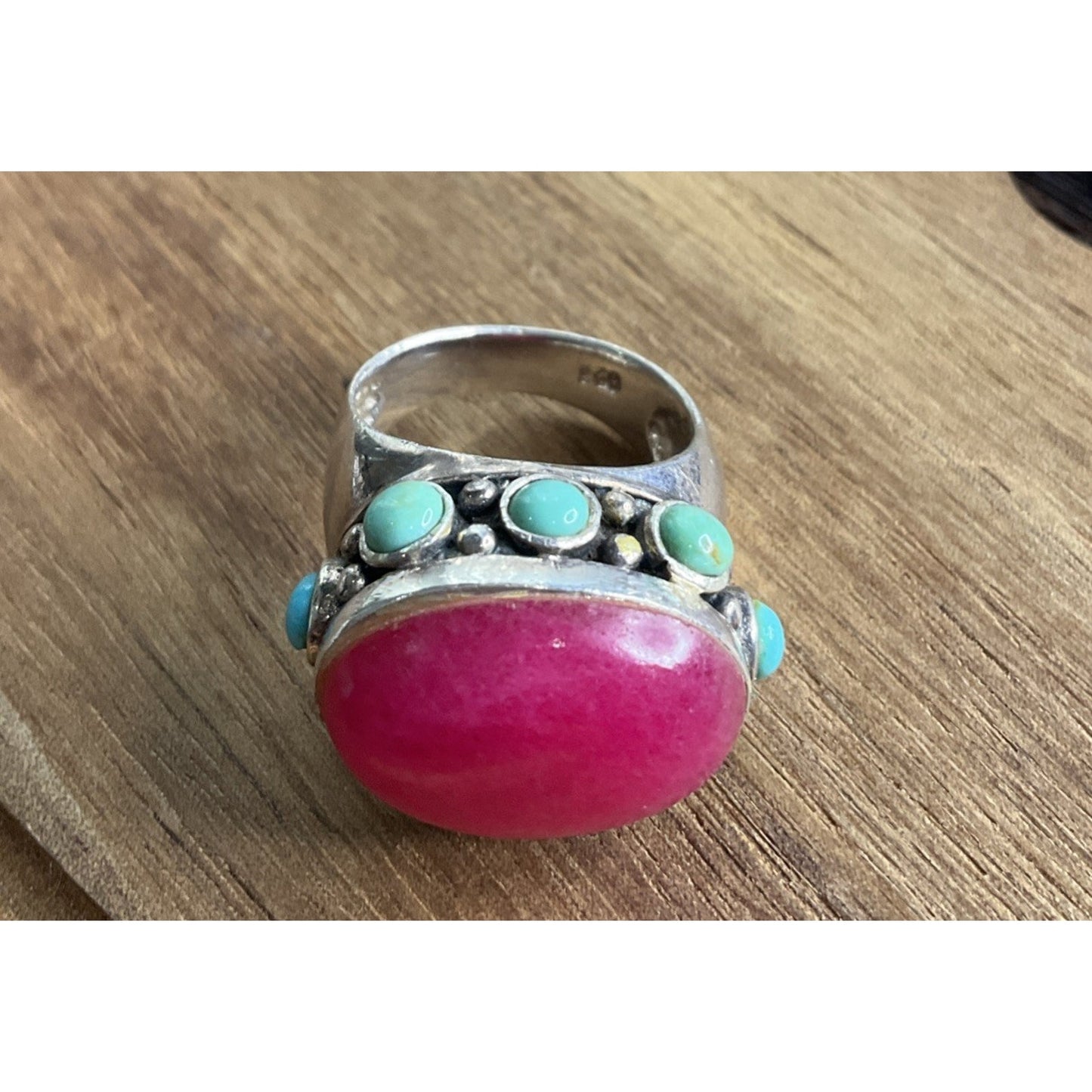 Sterling Silver 925 Pink Stone Turquoise Ring Statement Wide Band Size 5.5