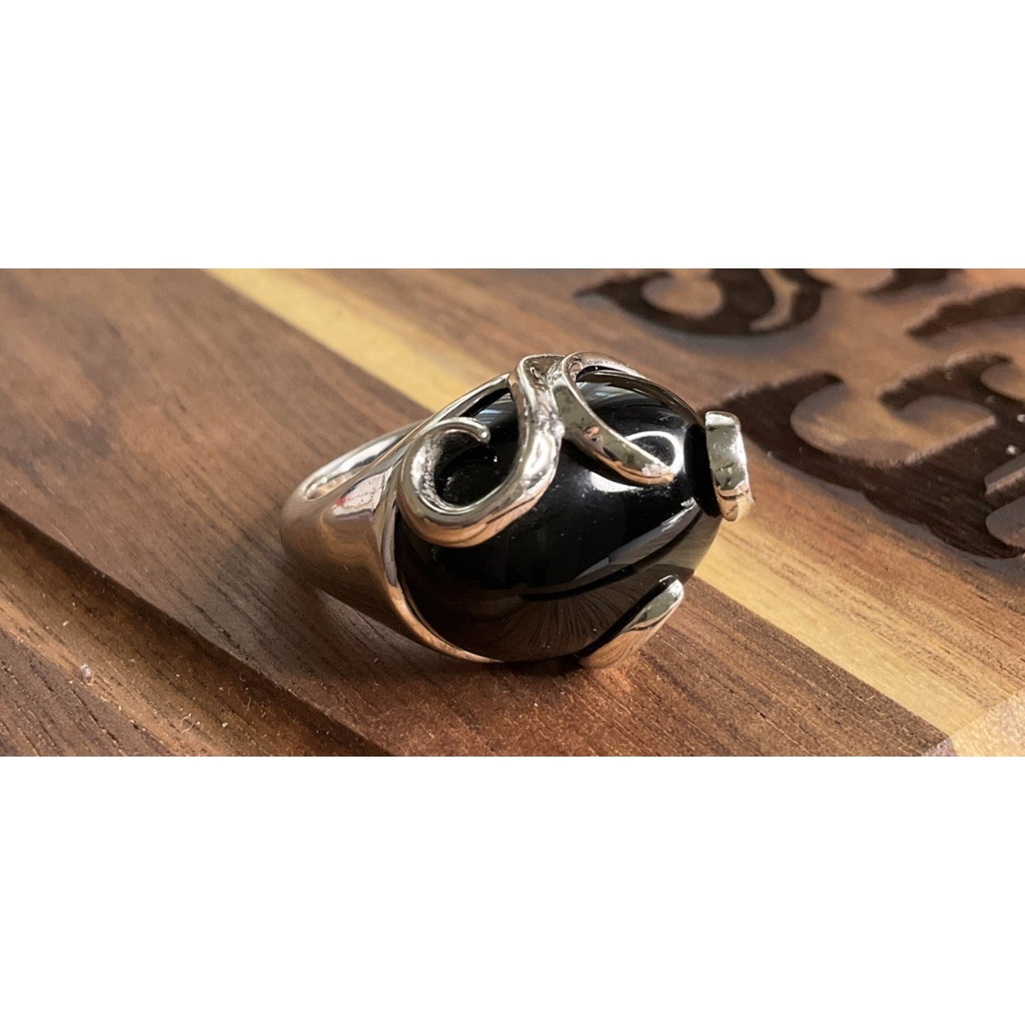 KN 925 Sterling Silver Black Onyx Ring Size 7.5 Large Cabochon