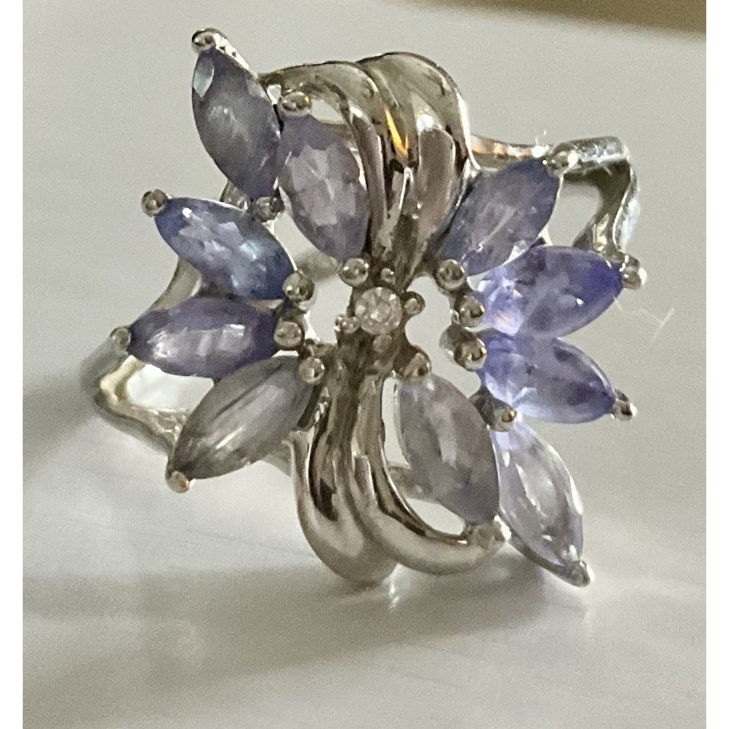 Sterling Silver 925 Lavender Lilac Stone Floral Cluster Ring Marquise Cut Size 7