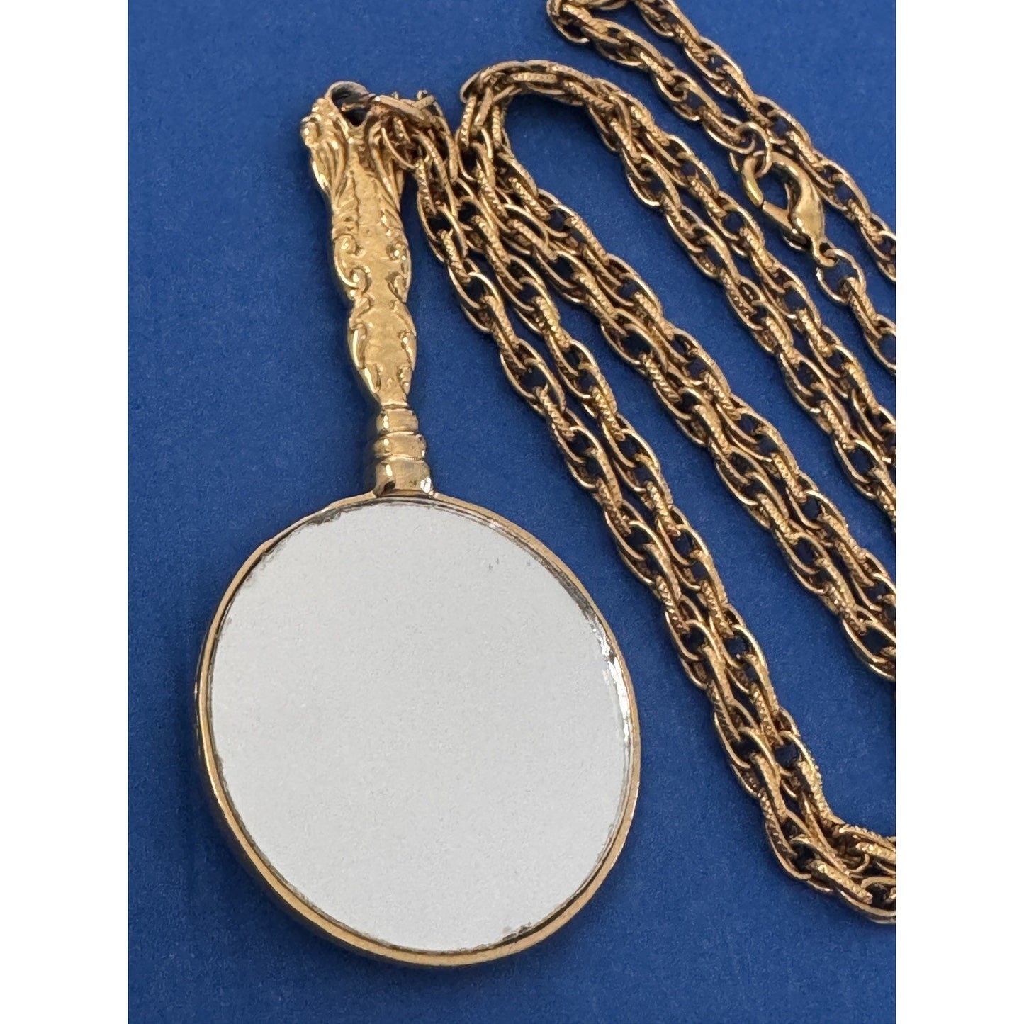 Vintage Gold Tone Hand Mirror Ornate Vanity Pendant 30” Gold Tone Necklace 1970s