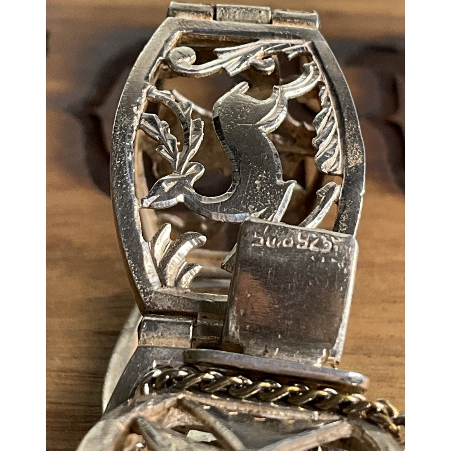 Vintage Sterling Silver Panel Bracelet Scenic Deer Floral Links