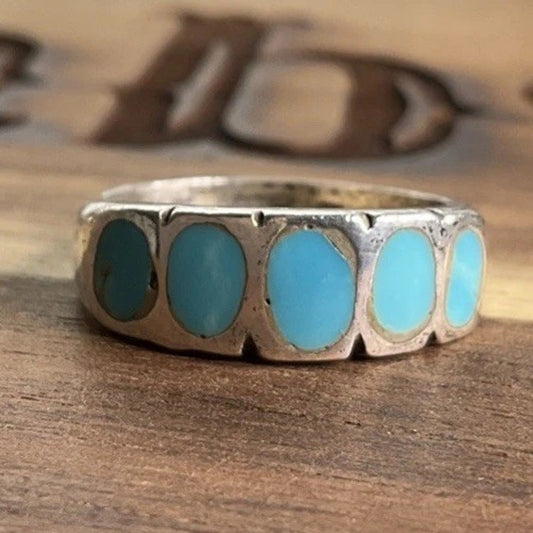 Vintage Sterling Silver Turquoise Inlay Band Ring Size 5 925 Southwestern