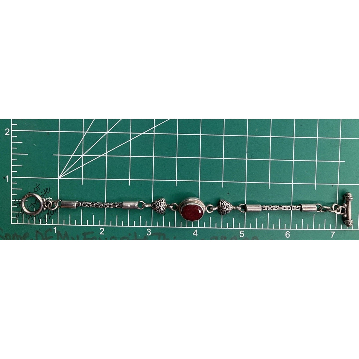 Vintage Sterling Silver Red Gemstone Bracelet Bali Style Toggle 19g