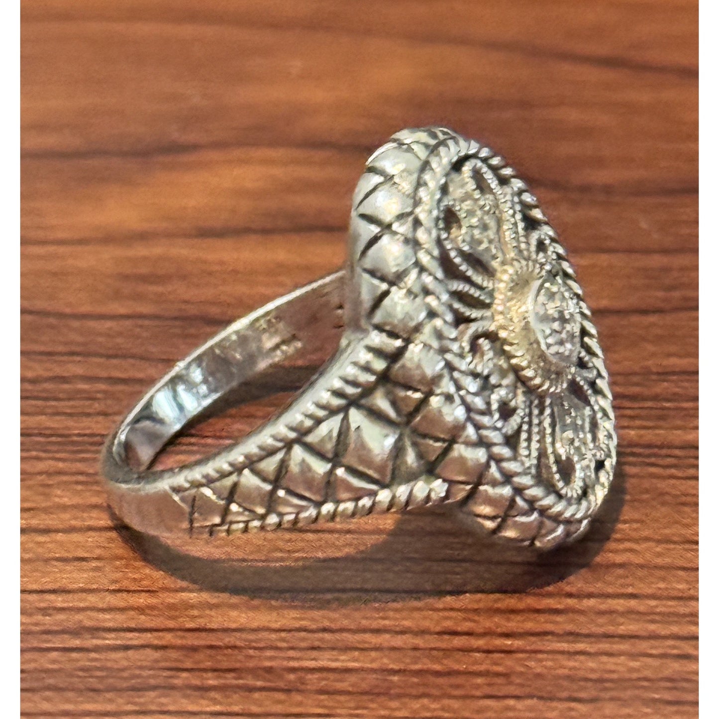 Vintage 925 Sterling Silver & 14K Gold Diamond Filigree Balinese Ring Size 7.5