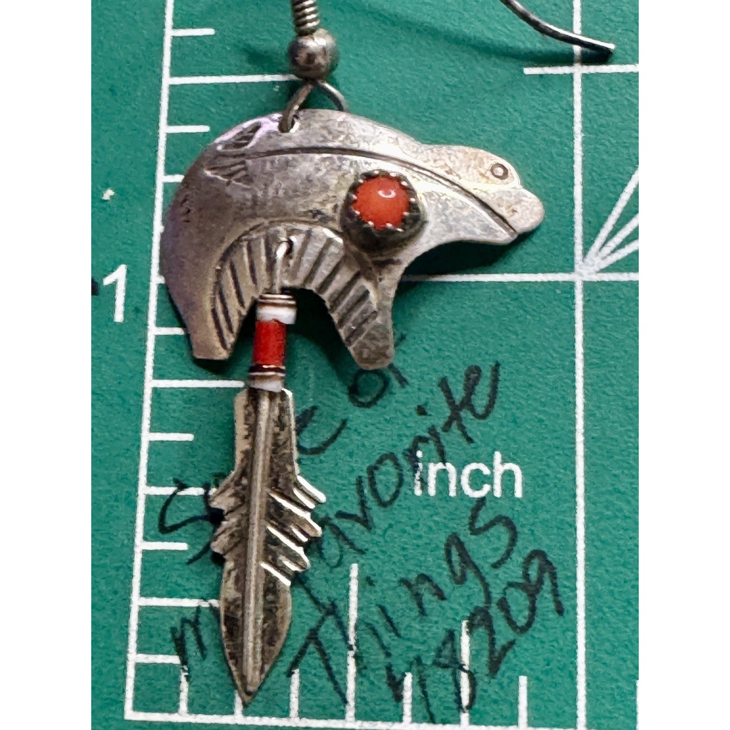 Signed Nel J. Navajo Sterling Silver Bear Earrings Coral Feather Dangle