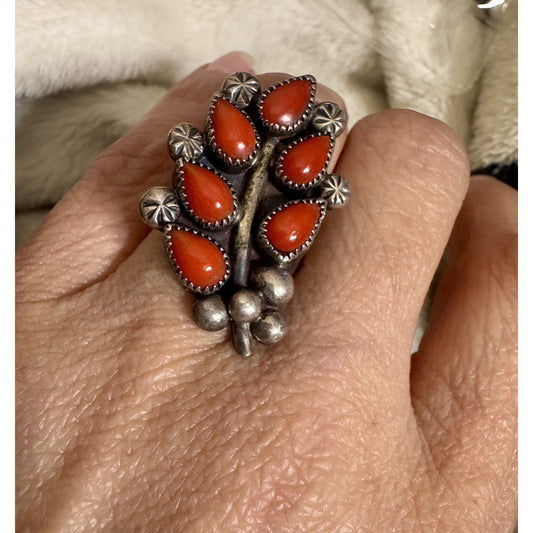 Vintage Navajo Sterling Silver Natural Coral Cluster Ring Signed RH Size 6.5