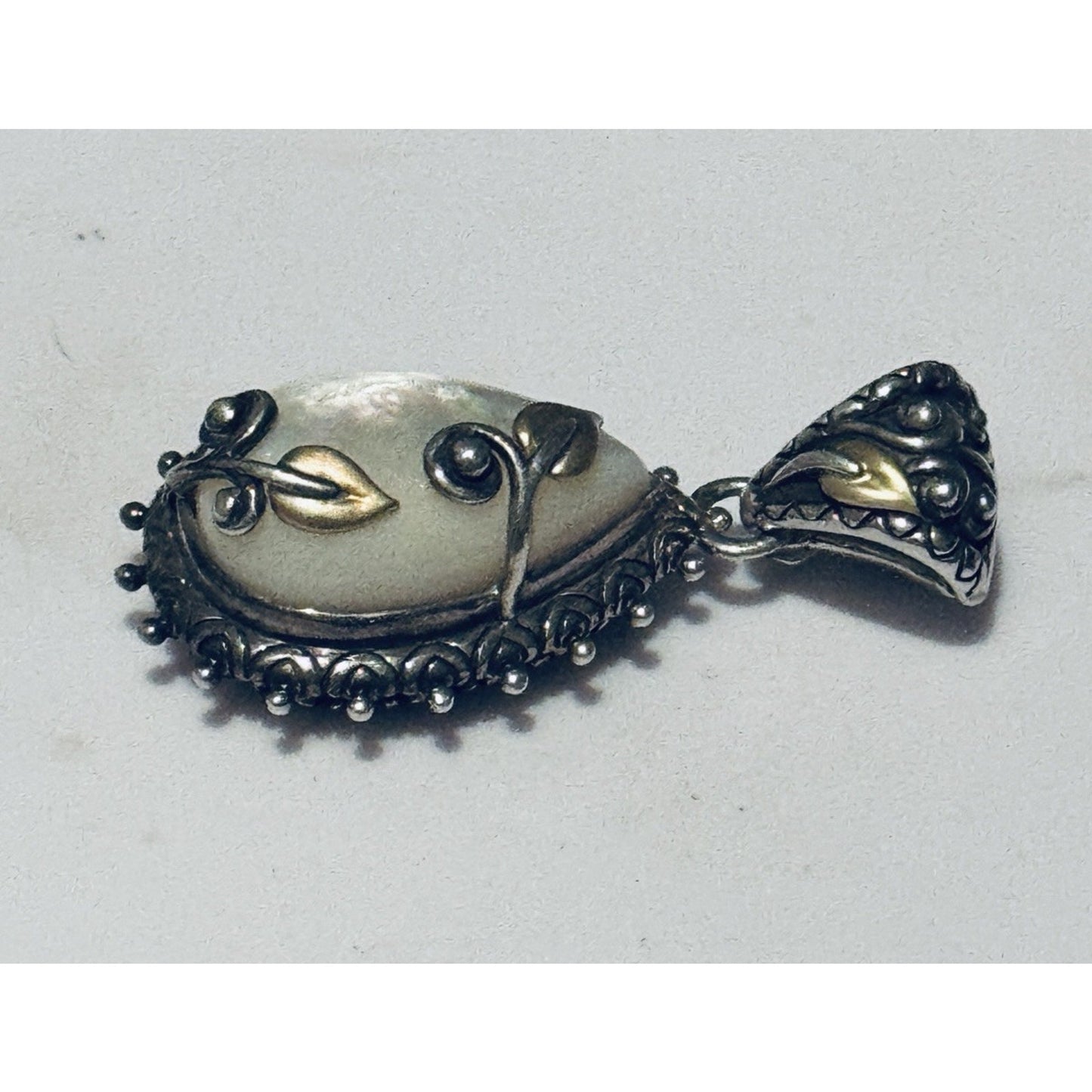 Vintage Barbara Bixby 925 18k Enhancer Or Pendant MOP Vine Leaf Mother of Pearl
