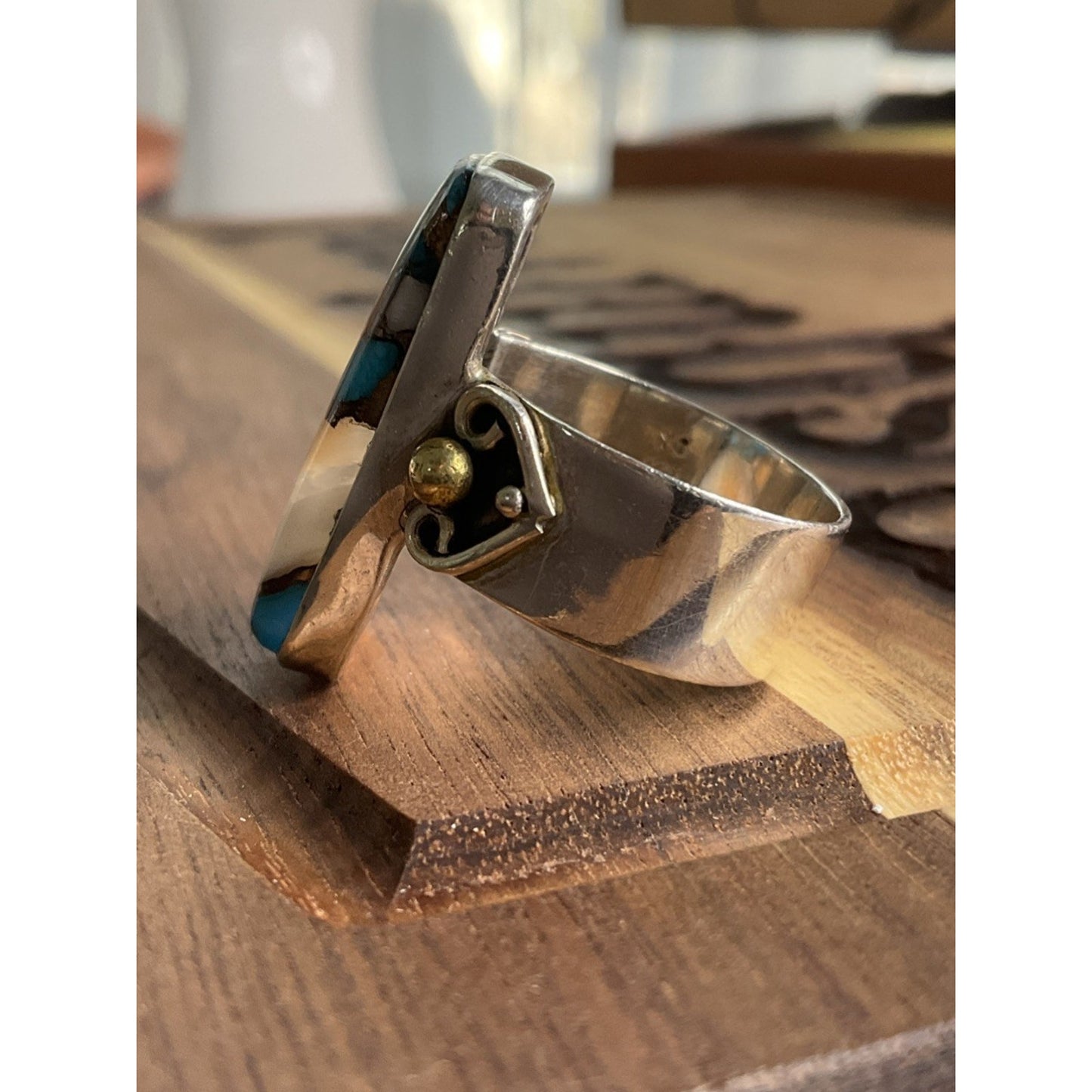 Large Turquoise Shell Inlay Ring Sterling Silver Size 9.5